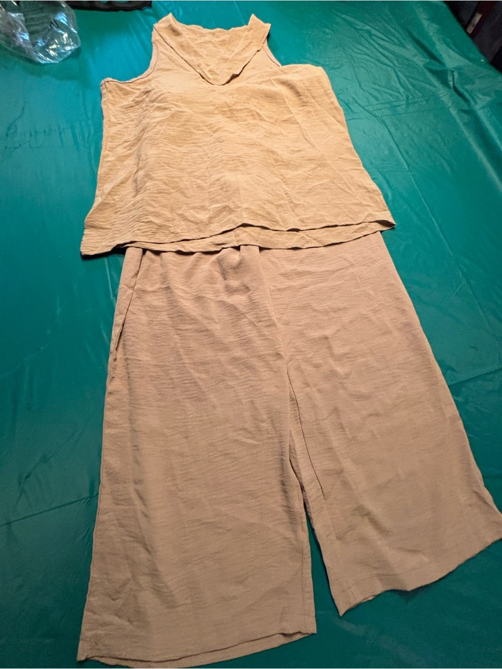 Beige Wide-Leg Linen Blend Jumpsuit Set - Sleeveless Top & Pants
